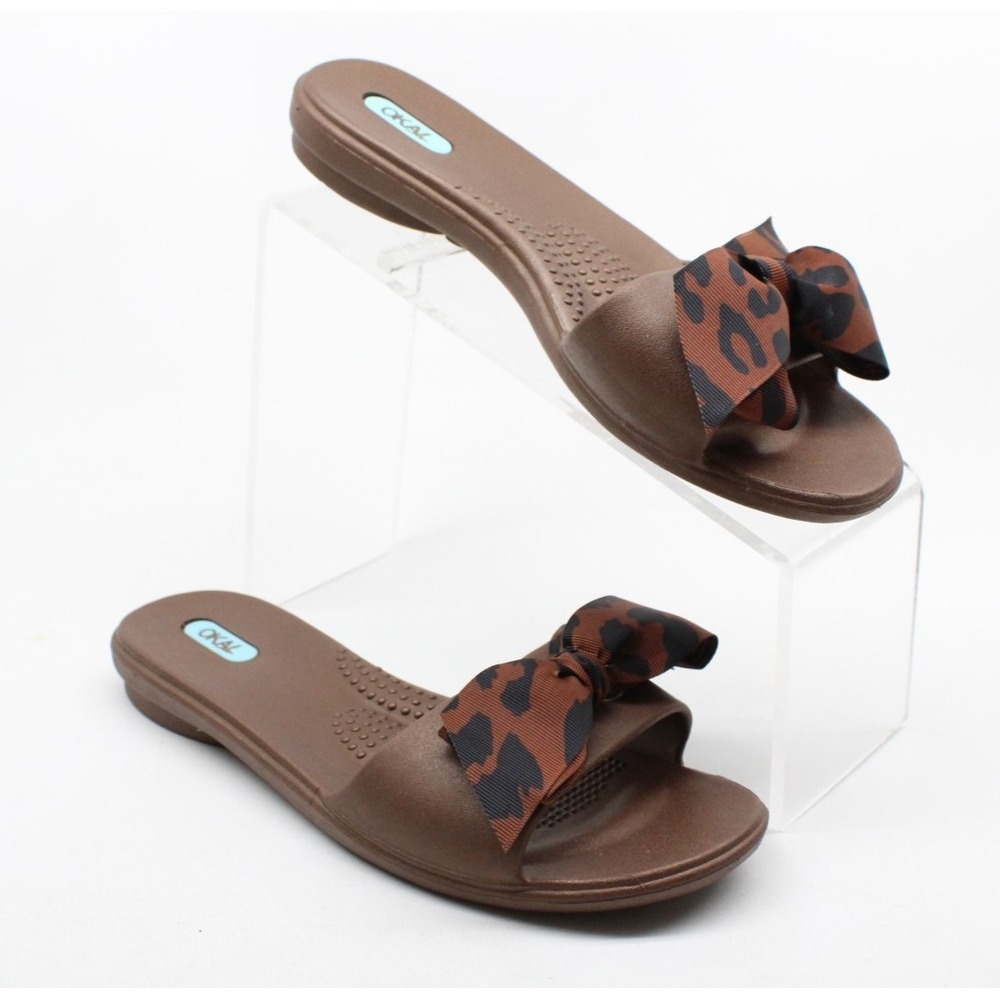 OkaB Madison Slides Sandals Brown Bronze w/ Brown Leopard Bow Size Medium 7-8US